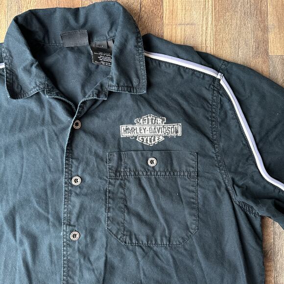 Harley Davidson Denim Shirt Men's Medium Black Motorcycle Short Sleeve 5502 - Picture 4 of 10